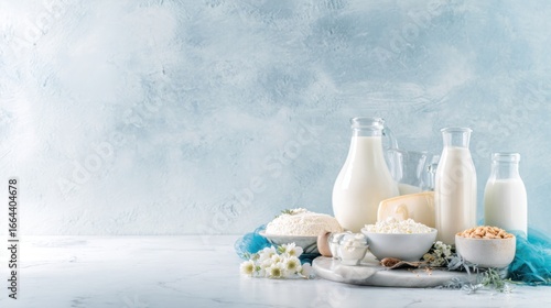 Assorted dairy products arranged on a marble surface, highlighted by cool overhead lighting.