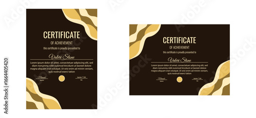 Set of vector Luxury  gold corporate Certificate. Horizontal and vertical Certificate with minimal gold wavy frame isolated transparent. Perfect diploma corporate course template design. EPS 10