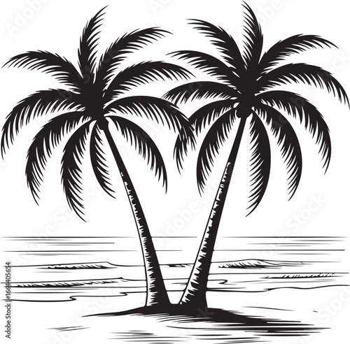 palm trees on the beach engraving outline vector art illustration design, palm tree silhouette, hand drawn beach drawing, line art palm tree, sea, beach, summer view, vintage palm tree on sea beach.