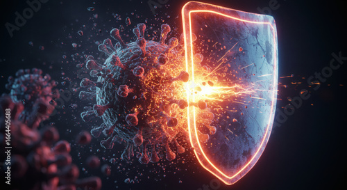Dynamic energy shield deflecting a viral attack, representing robust immune system defense and biological protection against pathogens
