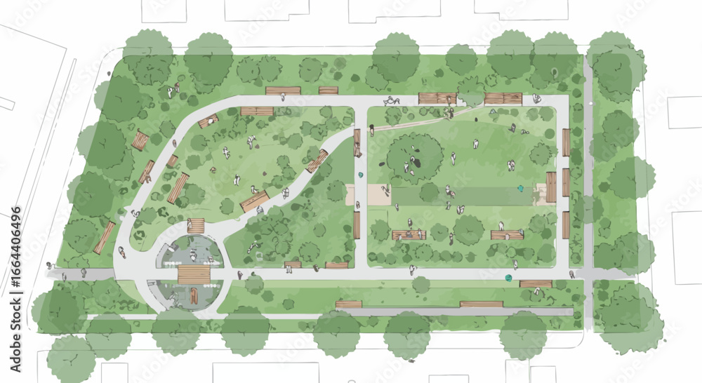 Fototapeta premium Aerial view of a detailed park design schematic with benches, trees and people
