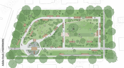 Aerial view of a detailed park design schematic with benches, trees and people