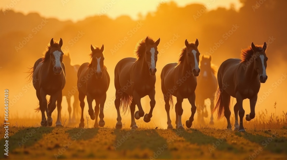 Fototapeta premium Group of Brown Horses Running at Sunset in Open Field