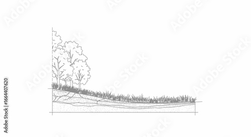 Detailed monochrome illustration depicting soil layers and vegetation structure