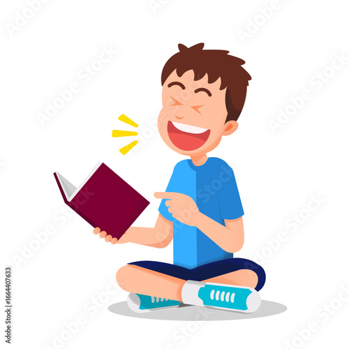 A boy laughs out loud while reading a book, showing joy and emotional expression