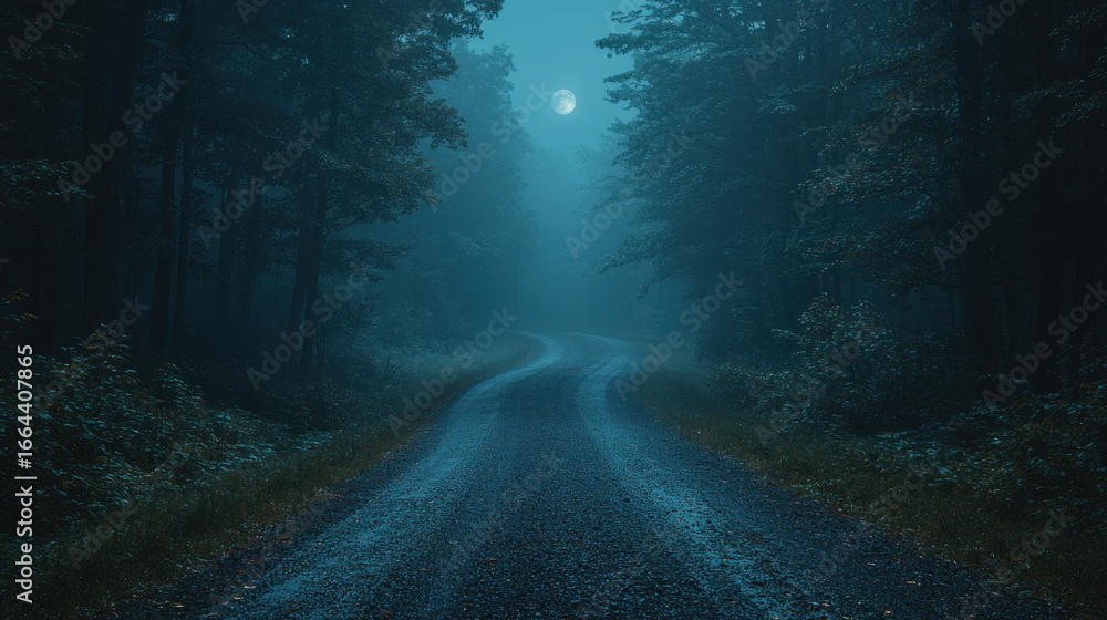 Obraz premium A mystical forest, cloaked in an ethereal veil of fog, stretches out under the silvery gaze of a moon bathed in an otherworldly glow. Asphalt roads snake through the mist-laden canopy, casting 