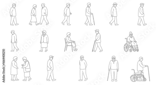 Line Art Depicting Elderly People Engaging in Various Activities and Movements