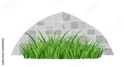Lush green grass in front of a grey brick wall design, a peaceful and zen garden