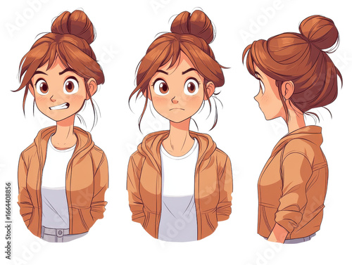 Cartoon character with brown hair in bun is shown in three different poses, wearing brown jacket and white shirt. character displays various expressions, including smile and neutral look