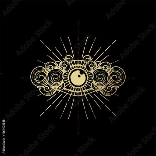 Golden engraving eye with clouds  mystical line art on black background