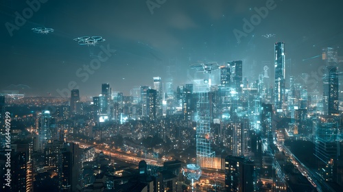 Wallpaper Mural Futuristic city skyline at night with drones aerial view of urban landscape cityscape and modern technology Torontodigital.ca
