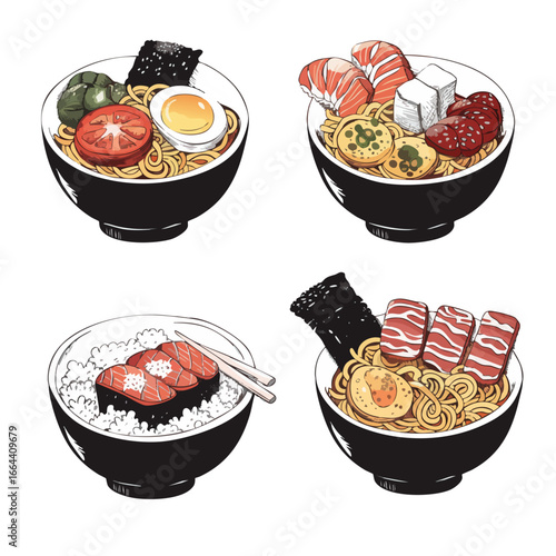 Hand Drawn Doodle Vector Illustration of Delicious Ramen and Sushi Bowls with Creative Watercolor Style and Unique Food Elements