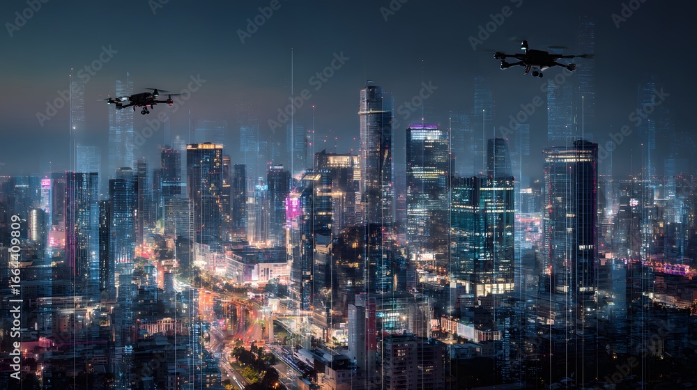 Obraz premium Aerial drone photography of cityscape at night with illuminated buildings and modern technology concept view