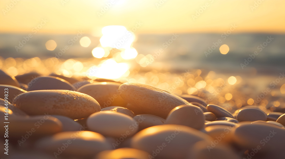 Obraz premium Beach landscape with golden sunlight and smooth stones