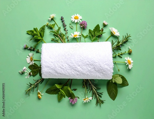 Rolled Towel with Assorted Herbs and Flowers on Green Background