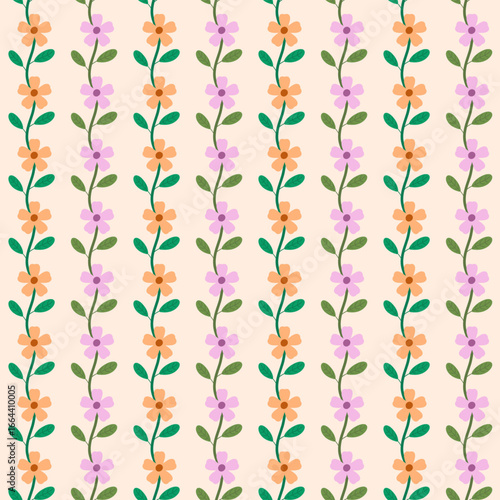 Seamless pattern with flowers connected by green stems and leaves