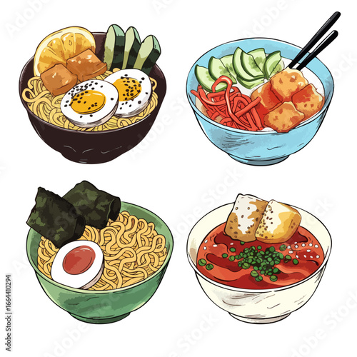 Hand Drawn Doodle Vector Illustration Of Delicious Noodle Dishes Including Ramen, Tofu, And Fresh Vegetables In Vibrant Colors - Water Color Style