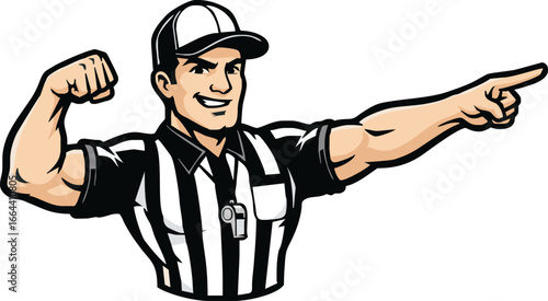 Cartoon referee with a striped shirt, cap, and whistle, pointing to the right and flexing his bicep with a smile.