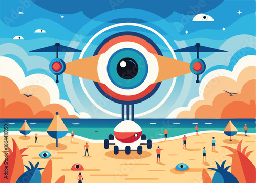 A vibrant, stylized illustration depicts a futuristic drone with a large eye-like design hovering over a beach scene.