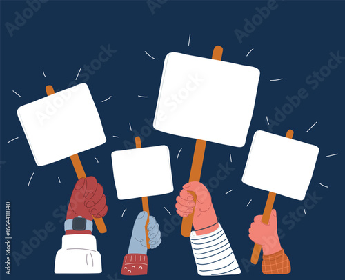 Cartoon vector illustration of hands holding protest signs as a symbol of activism, expression, and collective voice