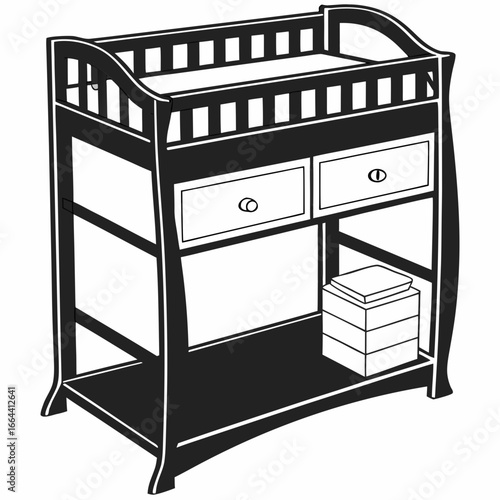 Black and white illustration of a baby changing table with drawers and shelves