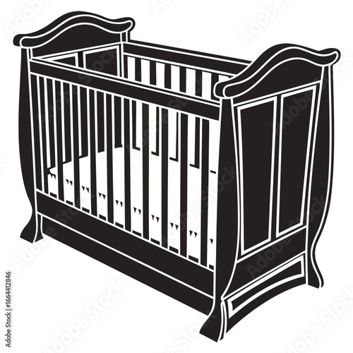 Classic black and white illustration of a baby crib