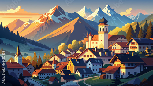 Historic town of Berchtesgaden rests beneath Watzmann peak, Upper Bavaria glowing with timeless charm, rooftops shimmering under gentle sky, harmony of culture and nature creates landscape of beauty, 