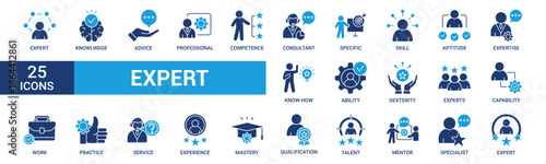 Expert icon set. Containing advice, competence, expertise, knowledge, skill, specialist, experience and more. Solid vector icons collection.