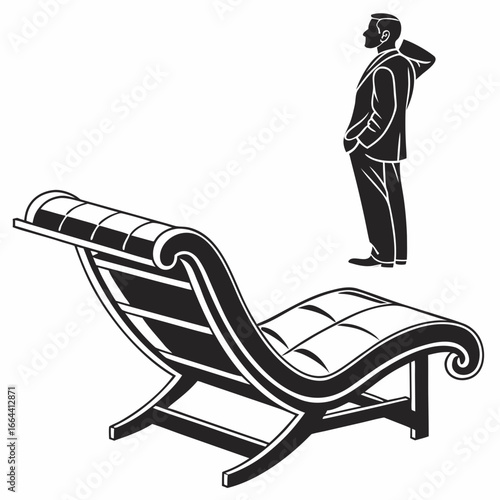 Man in suit contemplating a classic chaise lounge chair