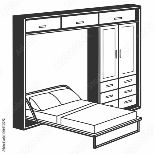 Modern murphy bed with integrated wardrobe and storage cabinets