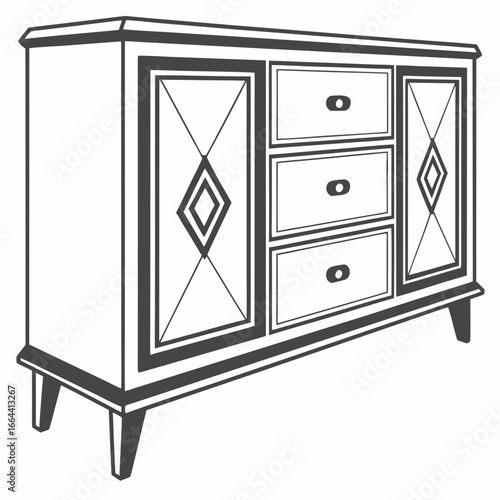 Elegant art deco style sideboard with drawers and decorative diamond panels