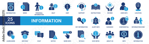 Information icon set. Containing info, help, inform, support, news, about us, instructions and notice icons. Solid icon collection. Vector illustration.