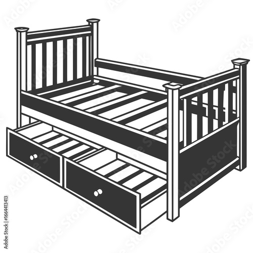 Illustration of a wooden bed with a pull out trundle bed and drawers