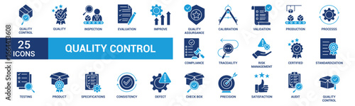 Quality control icon set. Containing inspection, evaluation, product, quality assurance, process, testing and more. Solid vector icons collection.