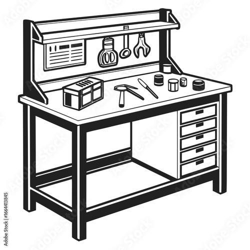 Illustration of a workbench with tools and drawers for assembly or repair