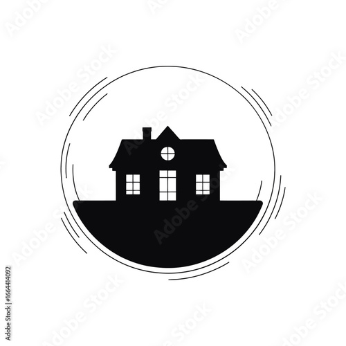 Minimalist House Silhouette in Circular Frame with Abstract Lines on White Background