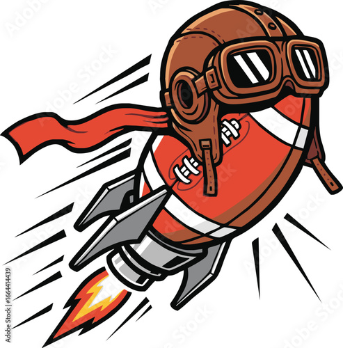 A cartoon football with aviator helmet and goggles, propelled by rocket, flying through the air.