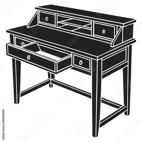 Classic wooden secretary desk with open drawer and compartments