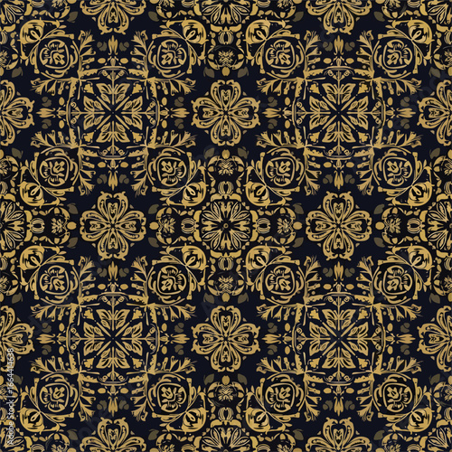 Seamless Pattern, Intricate gold floral pattern on dark background creates a luxurious design Stock royalty free image.