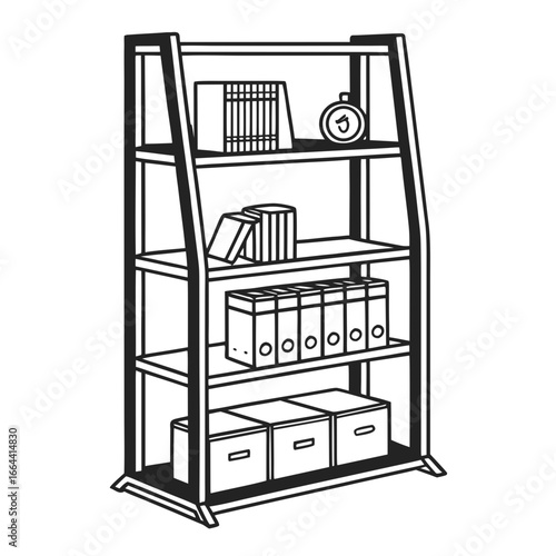 Black and white line drawing of a modern bookshelf filled with books binders and boxes