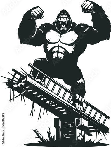 A powerful, roaring gorilla stands triumphantly atop a broken, splintered structure, flexing its muscles with an aggressive stance.