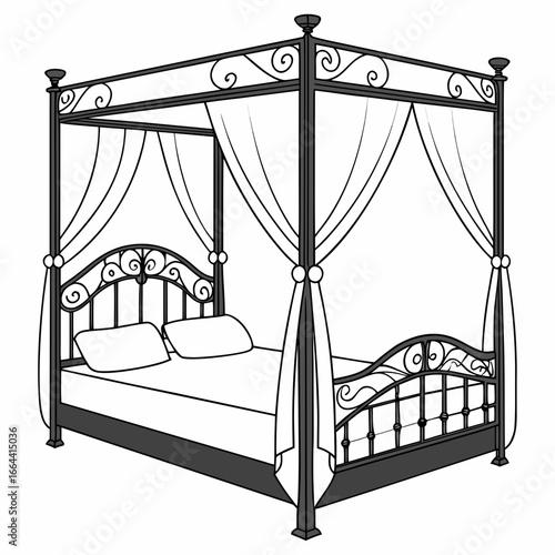 Elegant four poster bed with ornate metal frame and draped fabric