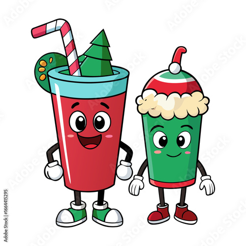 Christmas drink cup groovy Vintage Mascot Vector Illustration.
