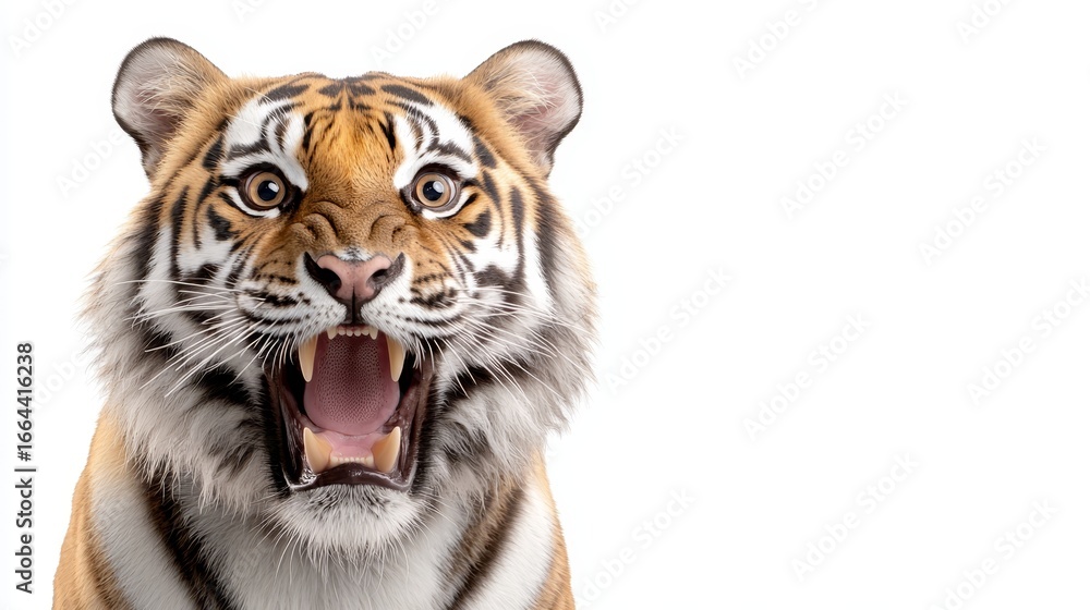 Obraz premium Wild white Bengal tiger with black stripes and feline head portrait is isolated on white background
