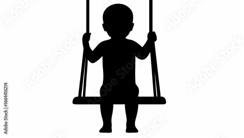 Silhouette of a child sitting on a swing set with hanging ropes in a full body front view isolated image