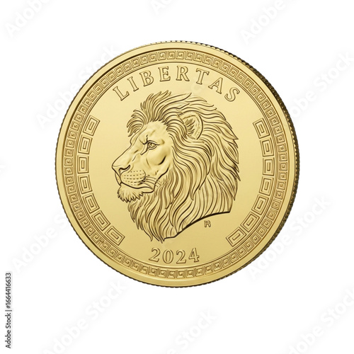 Majestic golden coin featuring a detailed lion's head profile with intricate decorative border and text elements transparent background