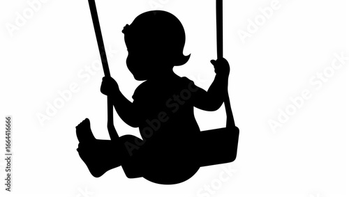 Silhouette of a young girl with a bow in her hair enjoying a swing set in a playful and carefree manner
