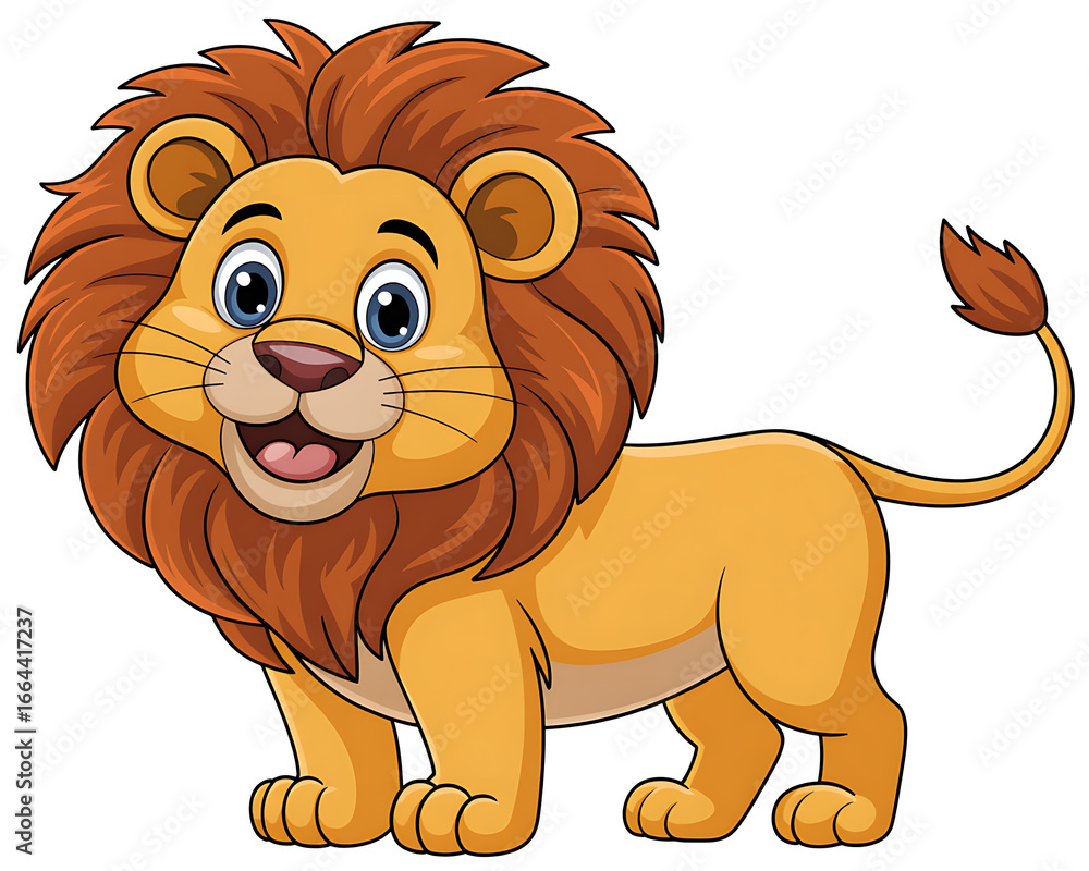 Obraz premium Cute cartoon lion with a big mane smiling and standing