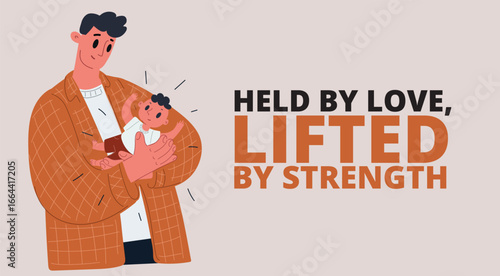 Cartoon vector illustration of a man holding a baby in his arms, symbolizing protection, guidance, and nurturing responsibility