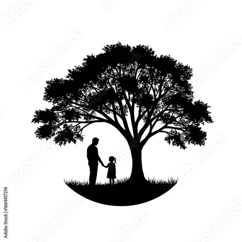 Father and Daughter Silhouette Under Tree, Family Love